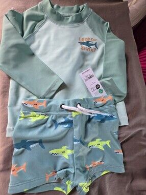 Carter's Mint Green Shark-Print Rash Guard Swim Set